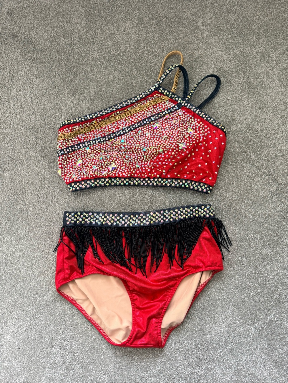 Red Two-Piece Glamour Dance Costume with Fringe - Large Adult